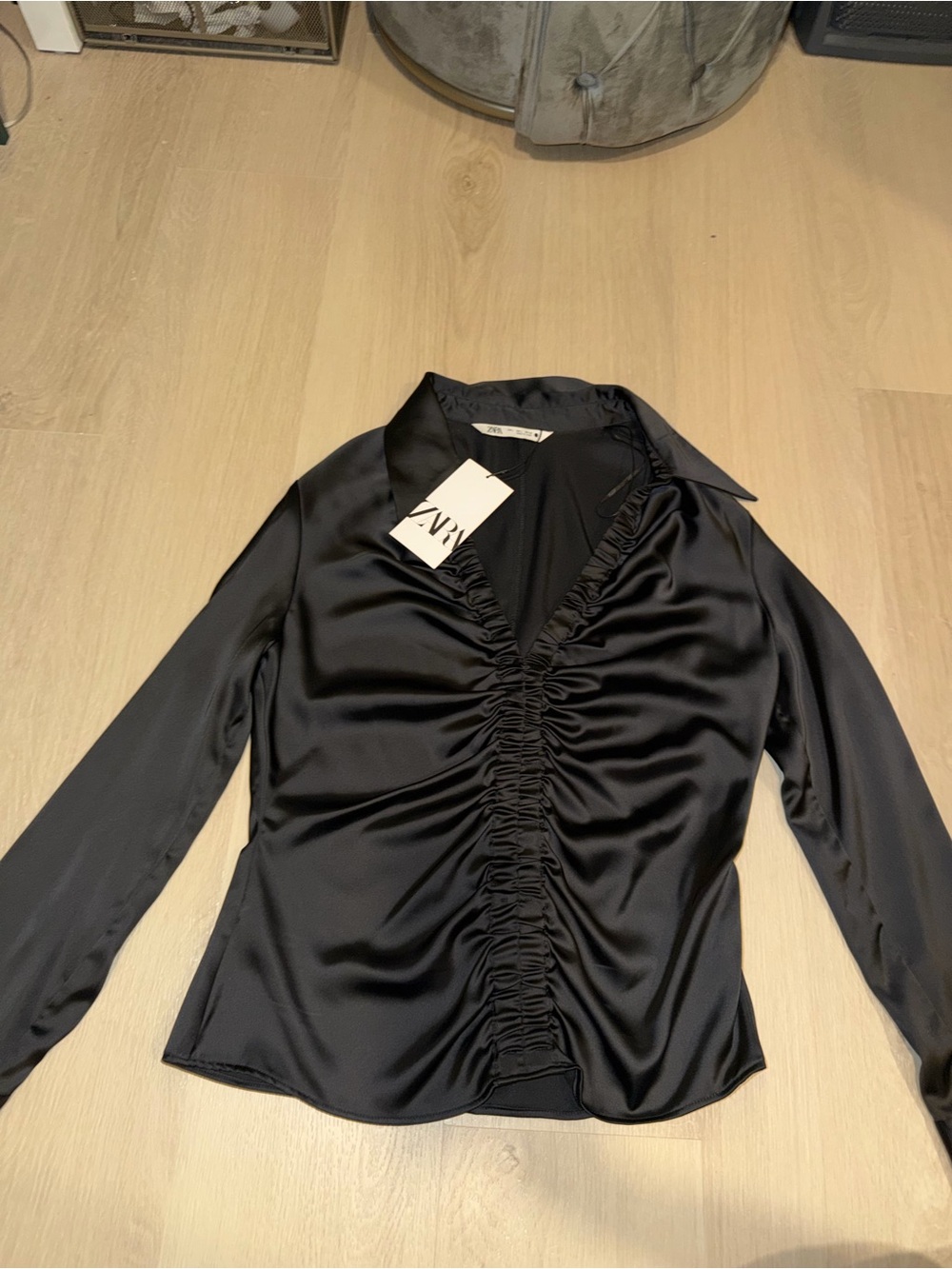 Zara Black Satin Ruched Collared Blouse